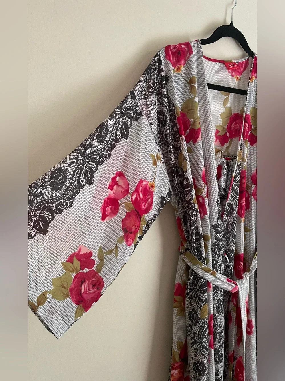 VTG Anne Klein Floral Robe And Slip Dress Set Size M Black Pink Ruffle W/ Slits - Picture 4 of 12